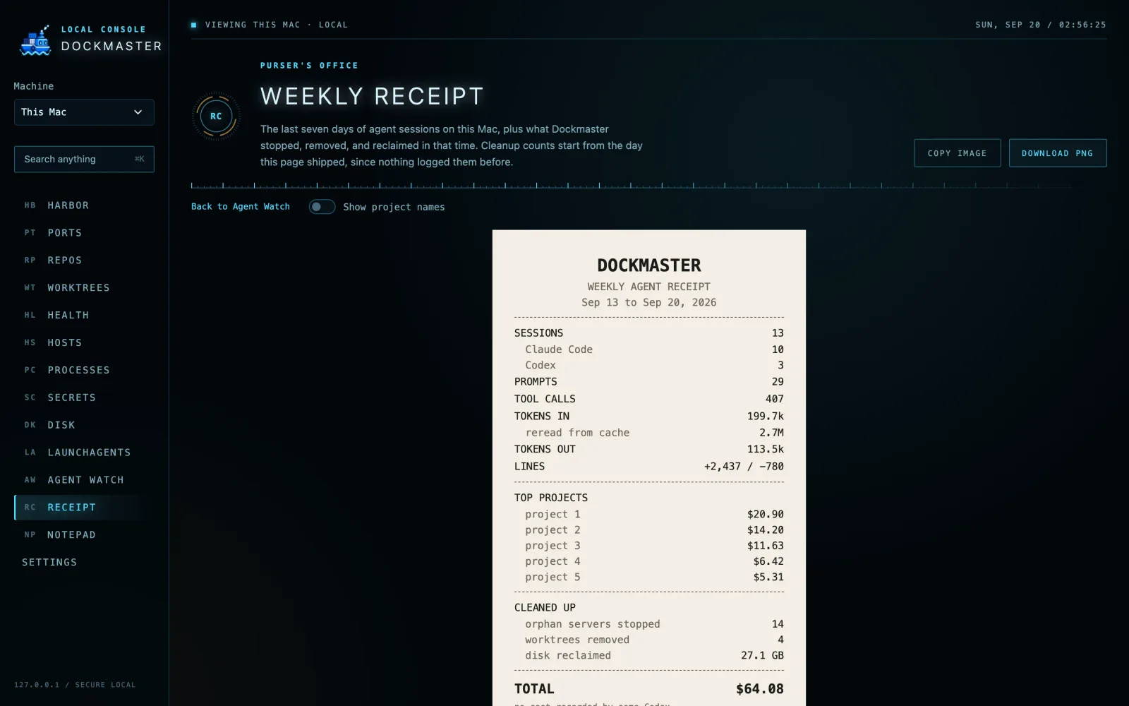 Receipt: the last seven days of agent work as a shareable image