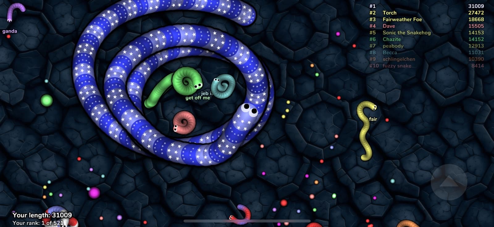 A slither.io leaderboard showing rank 1 of 521
