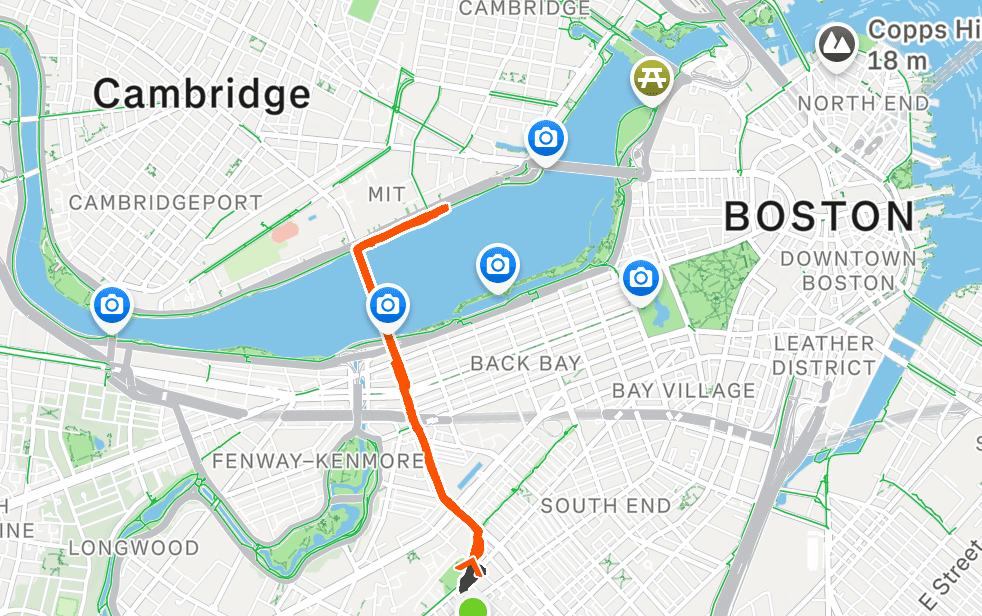 A Strava route across the Harvard Bridge from Cambridge into Boston