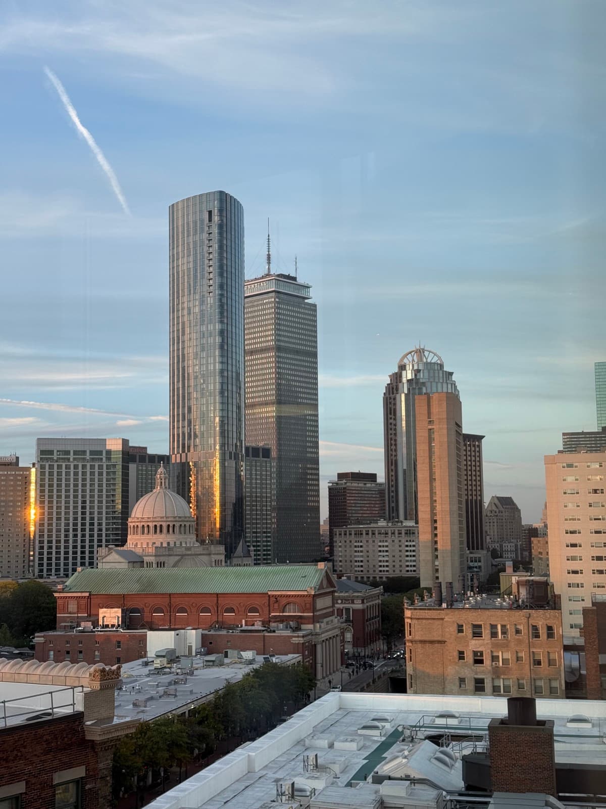Boston skyline at dusk with the Prudential Tower